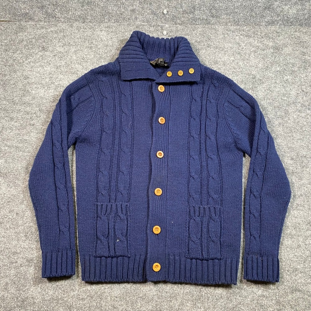 Atkinson Vintage Navy Blue Cable Knit Shawl Collar Cardigan Sweater Womens Large